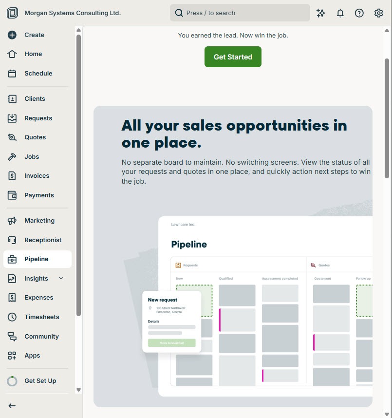 Screenshot of the Jobber Sales Pipeline board, opened from Pipeline in the left navigation menu