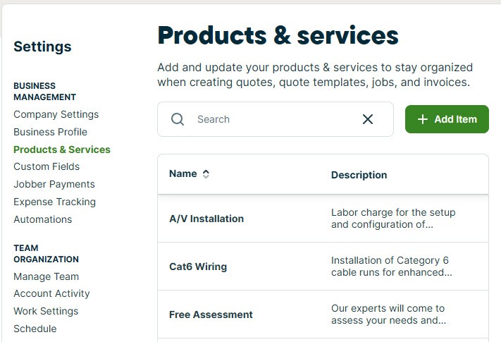 Screenshot of Jobber Settings with Products and Services selected in the left menu, showing a list of sample services, a search box, and the green Add Item button