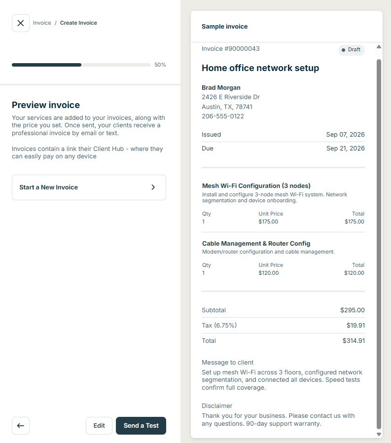 Screenshot of a sample Jobber invoice with two line items, Mesh Wi-Fi Configuration and Cable Management and Router Config, totals, a message to the client, a disclaimer, and a Send a Test button