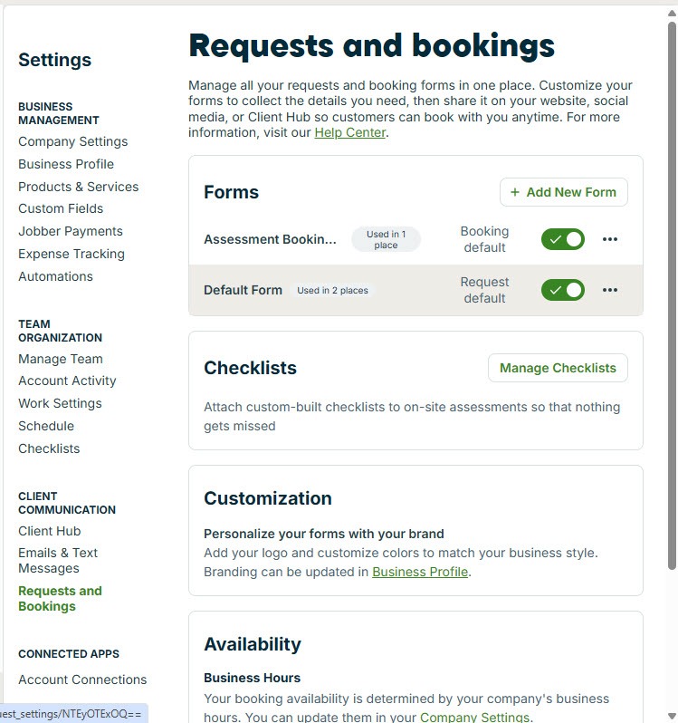 Screenshot of the Jobber settings menu with Automations listed in the Business Management section alongside Requests and Bookings