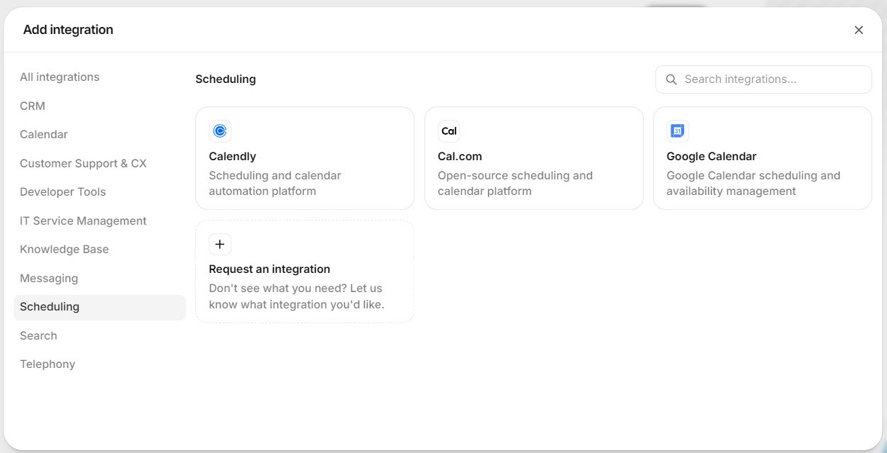 Screenshot of the ElevenAgents Add integration window with the Scheduling category selected, showing Calendly, Cal.com, and Google Calendar