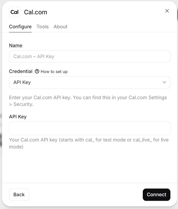 Screenshot of the ElevenAgents Cal.com integration Configure tab with an API Key field and a Connect button