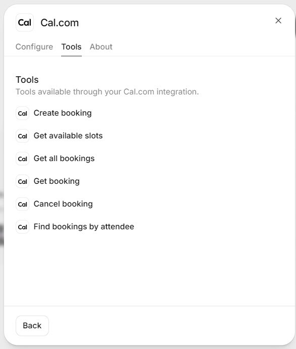 Screenshot of the ElevenAgents Cal.com integration Tools tab listing the tools available through the Cal.com integration, including Create booking