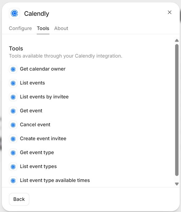 Screenshot of the ElevenAgents Calendly integration Tools tab listing tools including Create event