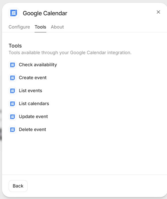 Screenshot of the ElevenAgents Google Calendar integration Tools tab listing tools including Create event