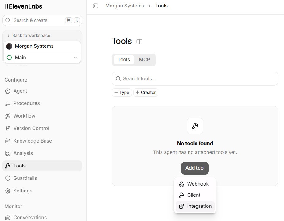 Screenshot of the ElevenAgents Tools page with the Add Tool menu open and Integration highlighted above Webhook and Client