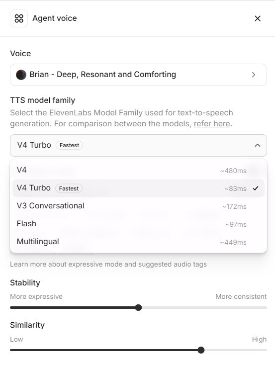 Screenshot of the ElevenAgents agent voice settings with the voice model dropdown open and Eleven v4 Turbo listed