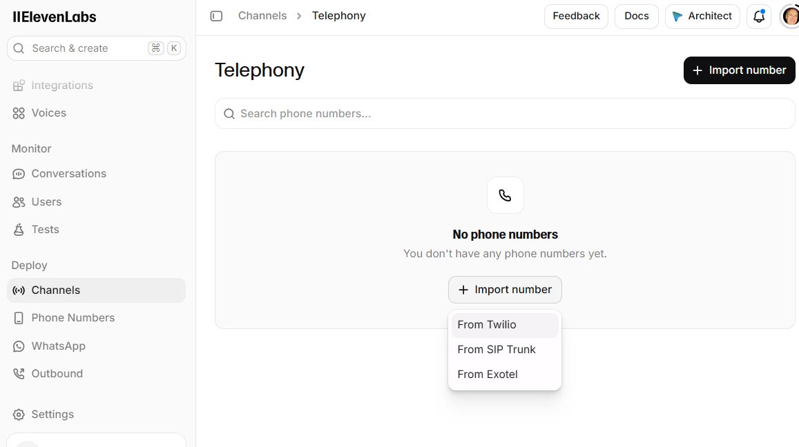 Screenshot of the ElevenAgents agent Telephony channel with the Import number menu open showing From Twilio, From SIP Trunk, and From Exotel