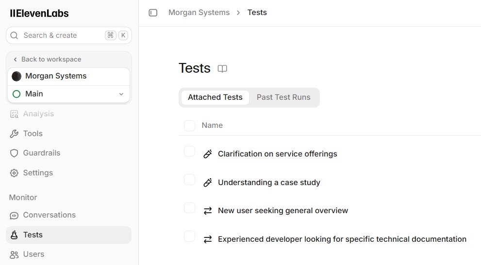 Screenshot of the ElevenAgents Tests tab with a test created for the agent