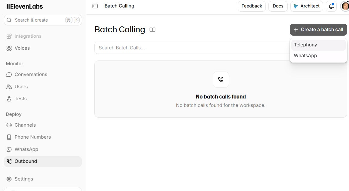 Screenshot of the ElevenAgents Batch Calling page under Outbound with the Create a batch call menu open showing Telephony and WhatsApp