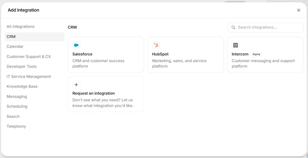 Screenshot of the ElevenAgents Add integration window with the CRM category selected, showing Salesforce and HubSpot
