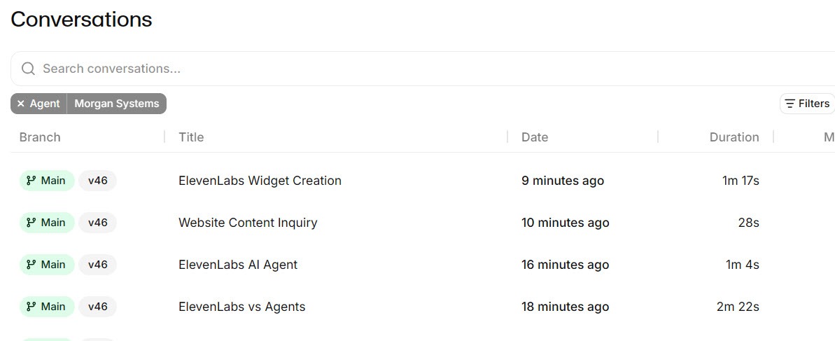 Screenshot of the ElevenAgents conversation history listing website widget conversations