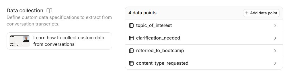 Screenshot of the ElevenAgents Analysis tab with a data collection field for a caller detail