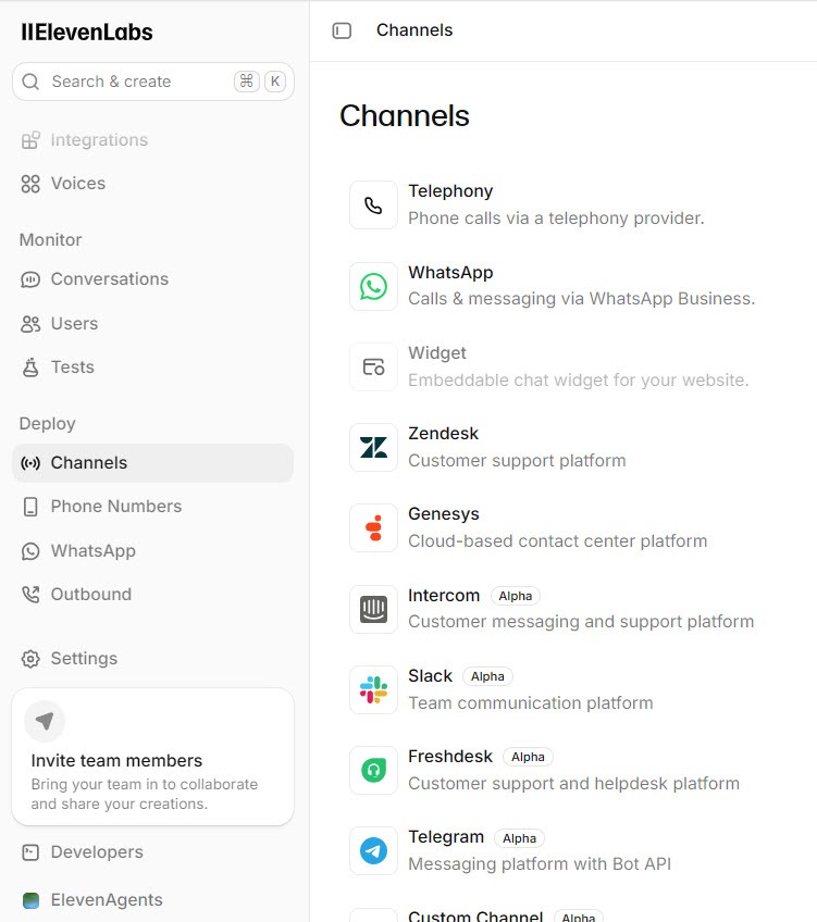 Screenshot of the ElevenAgents agent Channels page under Deploy, listing Telephony, WhatsApp, Widget, and Zendesk