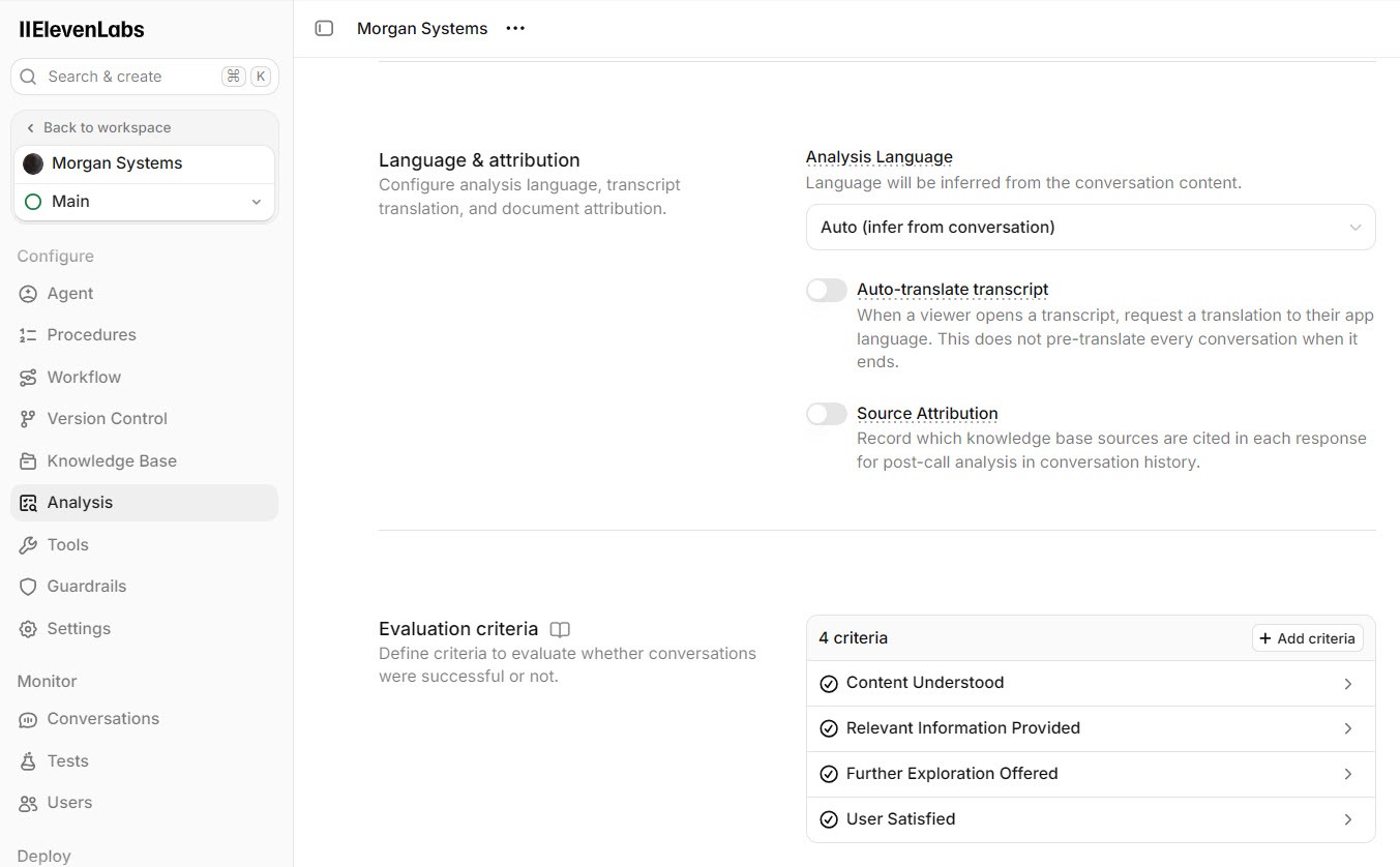 Screenshot of the ElevenAgents Analysis tab with an evaluation criterion that checks whether the agent answered from site content