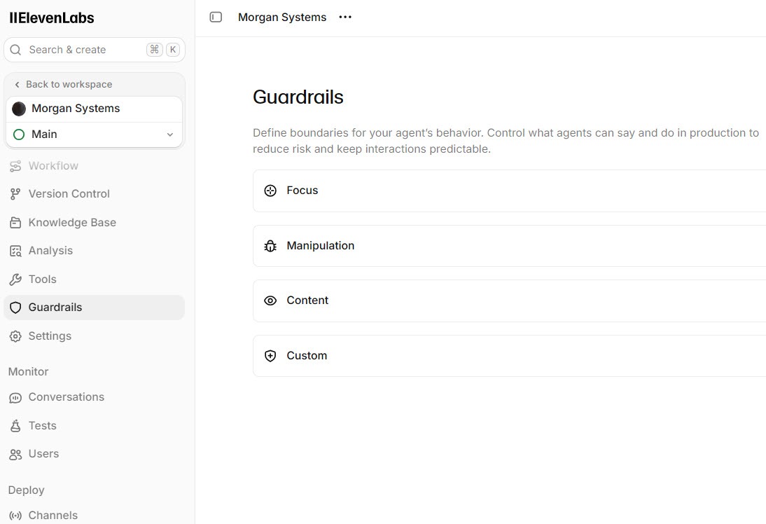 Screenshot of the ElevenAgents guardrails settings with the Focus, Manipulation, Content, and Custom sections