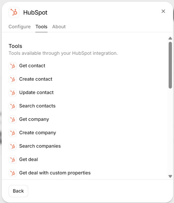 Screenshot of the ElevenAgents HubSpot integration Tools tab listing the tools available through the HubSpot integration, including Create contact