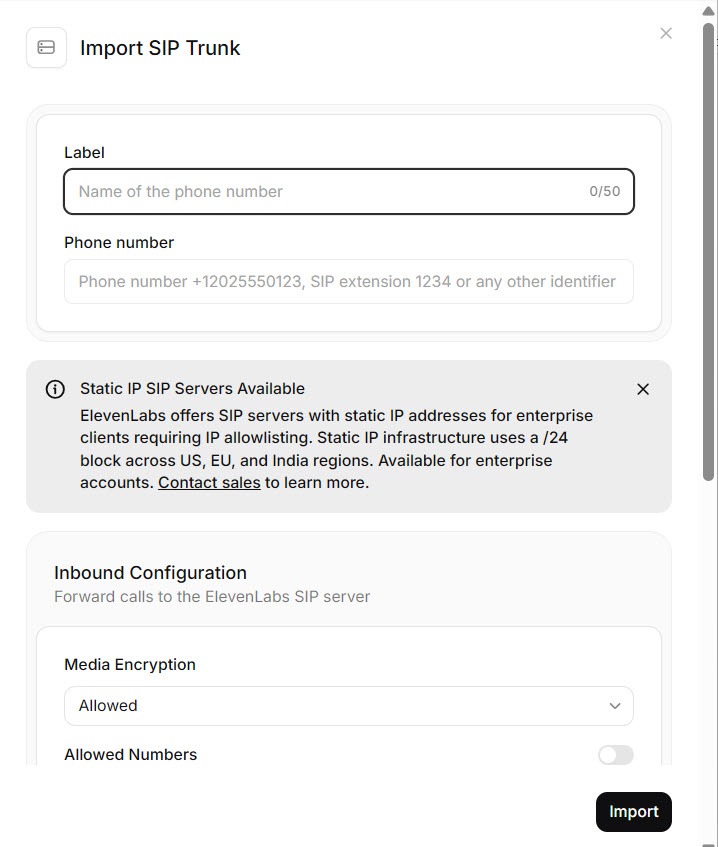 Screenshot of the ElevenAgents Import SIP Trunk configuration page