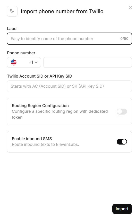 Screenshot of the ElevenAgents Import from Twilio form with fields for the Twilio Account SID or API Key SID and a toggle to enable inbound SMS