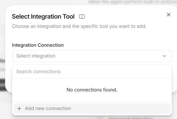 Screenshot of the ElevenAgents Select Integration Tool window with the Add new connection link highlighted