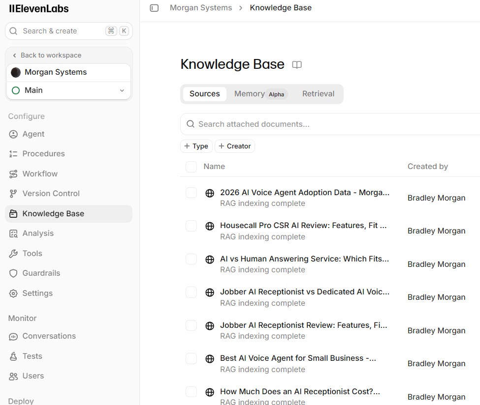 Screenshot of the ElevenAgents knowledge base with website URLs, an uploaded file, and a text document added