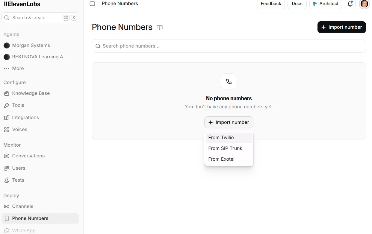 Screenshot of the ElevenAgents workspace Phone Numbers page with the Import number menu open and From Twilio highlighted, and two agents listed under Agents at top left