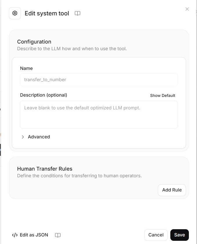 Screenshot of the ElevenAgents transfer to number configuration with a description field for the LLM and a human transfer rules section with an Add Rule button