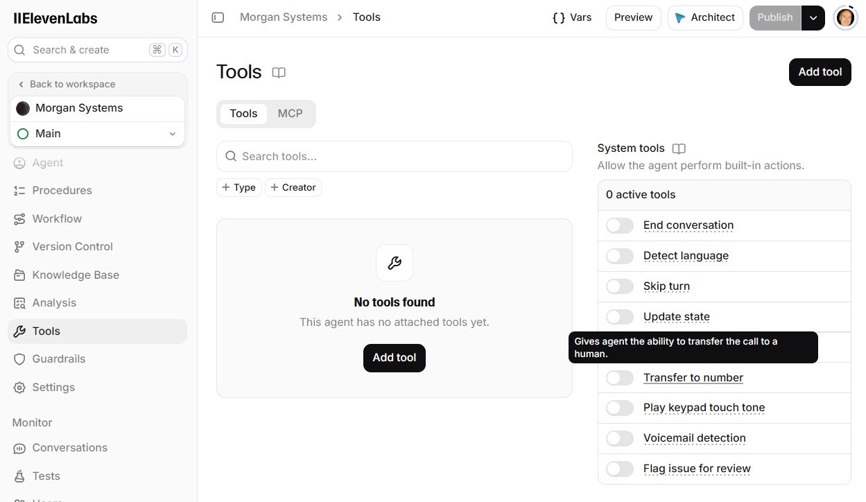 Screenshot of the ElevenAgents agent Tools page with the Transfer to number toggle and its description, with Back to workspace visible at top left