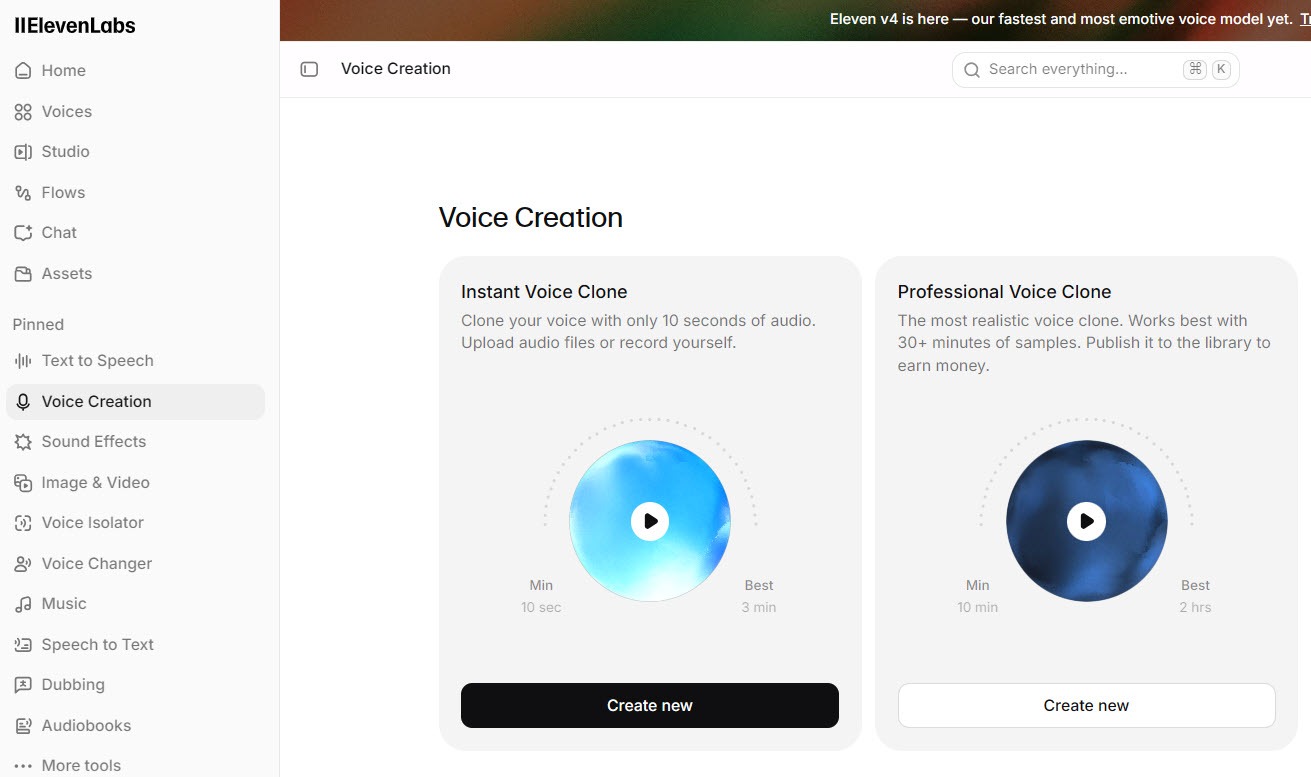 Screenshot of the ElevenLabs voice cloning screen with the options to create an instant or professional voice clone