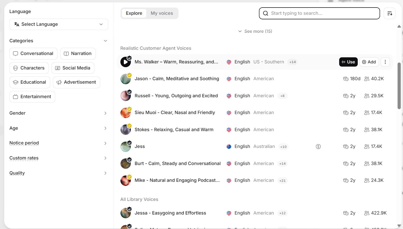 Screenshot of the ElevenLabs voice library with voices to browse, filter, and preview
