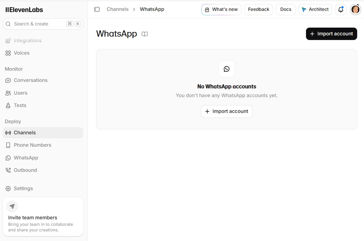 Screenshot of the ElevenAgents WhatsApp channel page with an Import account button