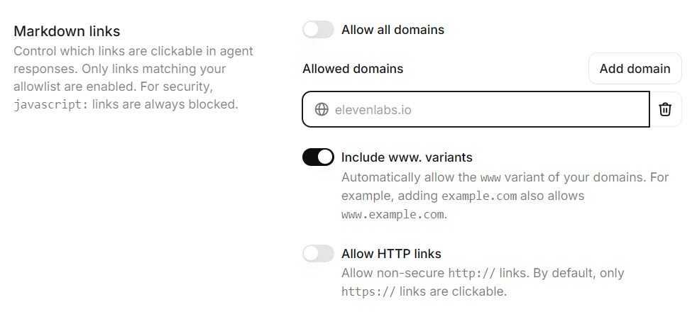 Screenshot of the ElevenAgents Security settings with the allowlist of websites permitted to run the widget