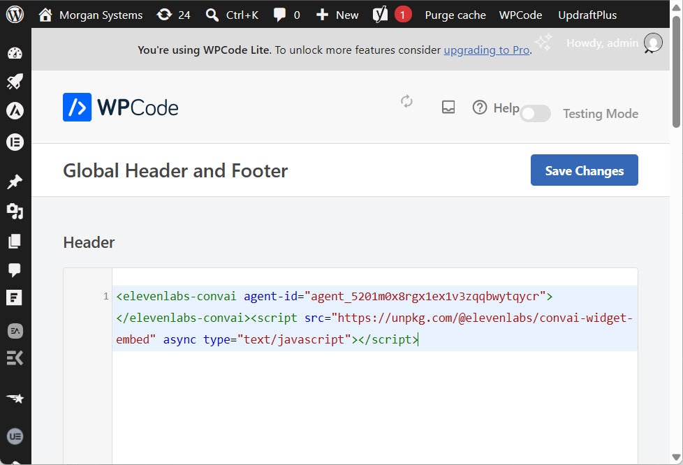 Screenshot of the WPCode plugin in WordPress with the ElevenLabs widget embed code placed in the site-wide header