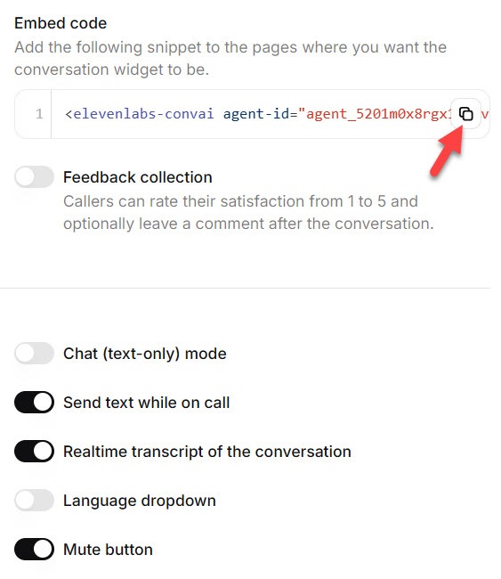 Screenshot of the ElevenAgents widget embed code with the elevenlabs-convai tag and the widget script line