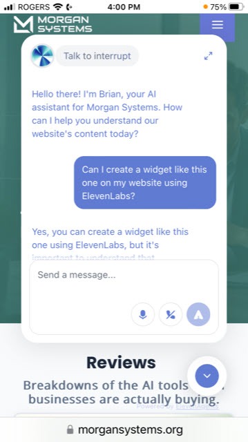 Screenshot of the ElevenLabs voice agent widget on the Morgan Systems website on a mobile phone