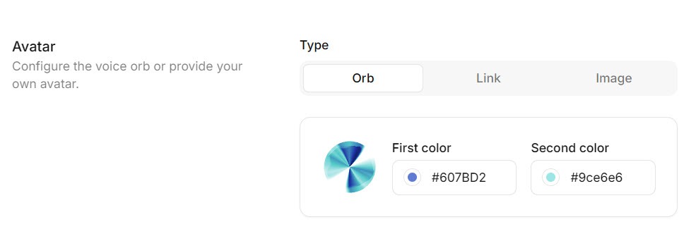 Screenshot of the top of the ElevenAgents Widget settings with appearance, color, and avatar options