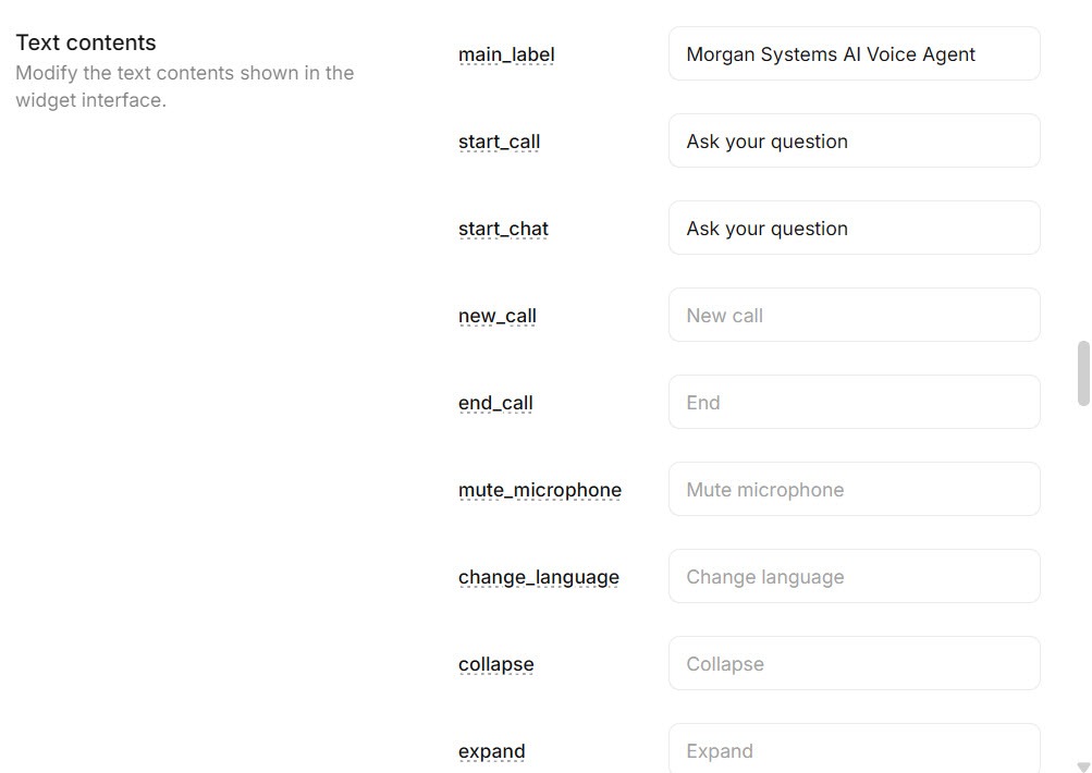 Screenshot of the lower ElevenAgents Widget settings with display text labels and interface mode options