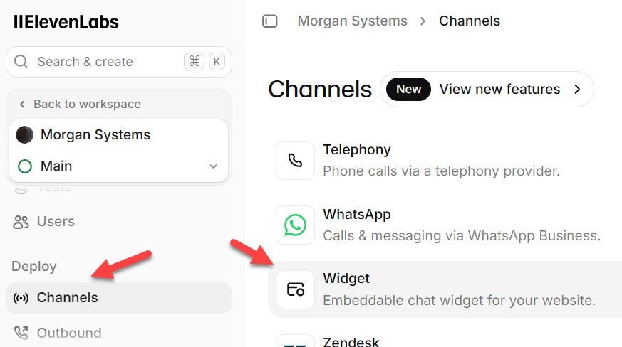Screenshot of the ElevenAgents Channels menu under Deploy, with an arrow to the Widget channel listed below Telephony and WhatsApp and above Zendesk