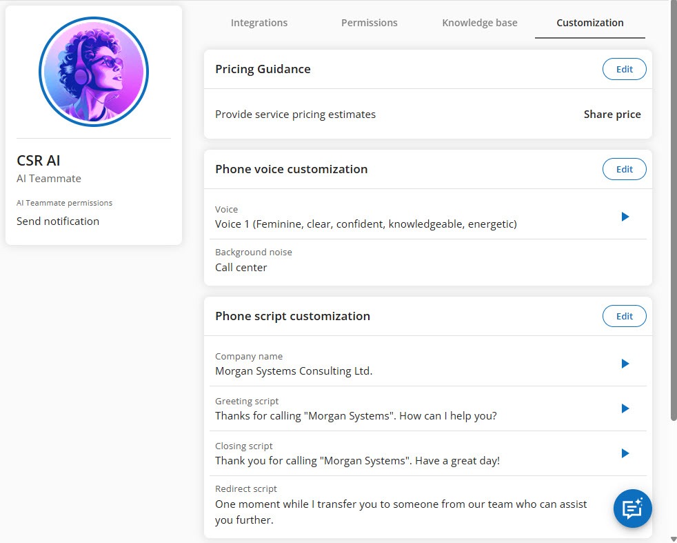Screenshot of the Housecall Pro CSR AI Customization tab with Pricing Guidance, Phone voice customization showing Voice 1 and a Call center background noise, and Phone script customization with greeting, closing, and redirect scripts