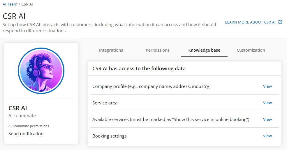 Screenshot of the Housecall Pro CSR AI Knowledge base tab listing the data CSR AI can access: company profile, service area, available services marked to show in online booking, and booking settings