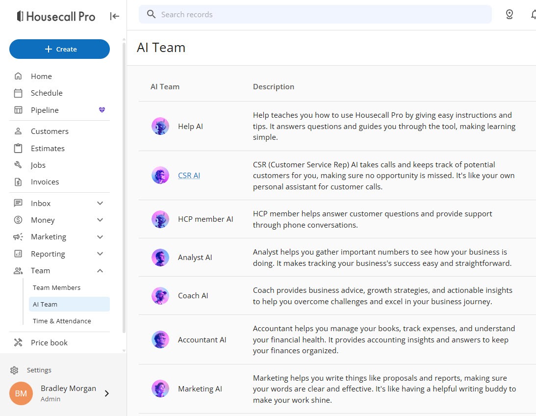 Screenshot of the Housecall Pro AI Team page listing Help AI, CSR AI, HCP member AI, Analyst AI, Coach AI, Accountant AI, and Marketing AI with a description of each