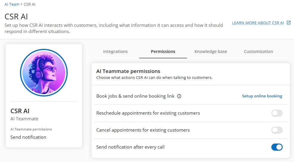 Screenshot of the Housecall Pro CSR AI Permissions tab showing Book jobs and send online booking link with a Setup online booking link, and switches to reschedule appointments, cancel appointments, and send a notification after every call