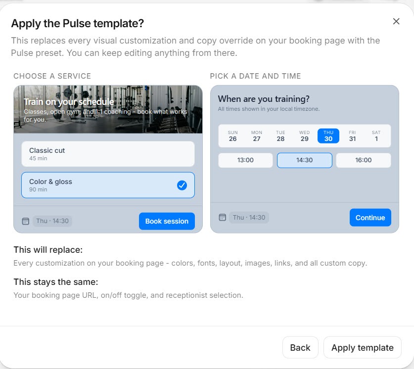Screenshot of a selected Reception.ai booking page template preview with an Apply template button