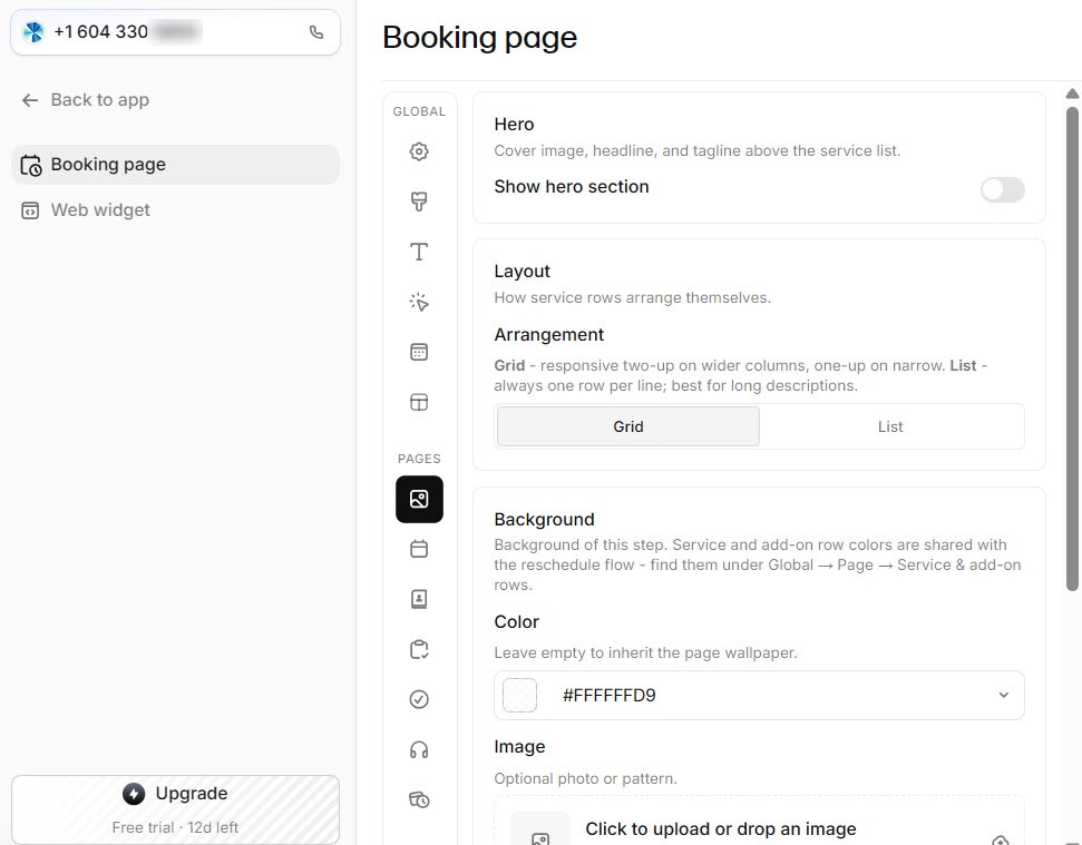 Screenshot of the Reception.ai booking page settings with the Booking page and Web widget tabs and customization options