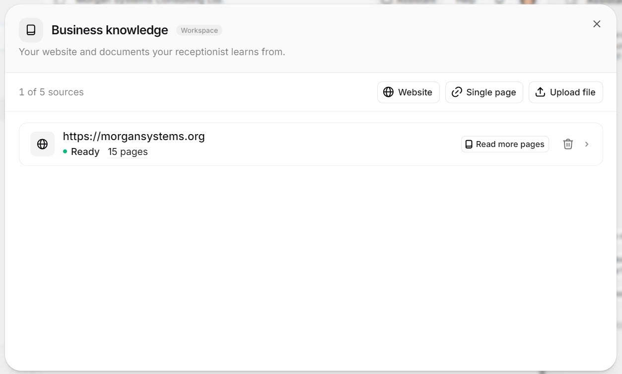 Screenshot of the Reception.ai business knowledge window listing the scanned website and its page count, with buttons to add a website, a single page, or a file
