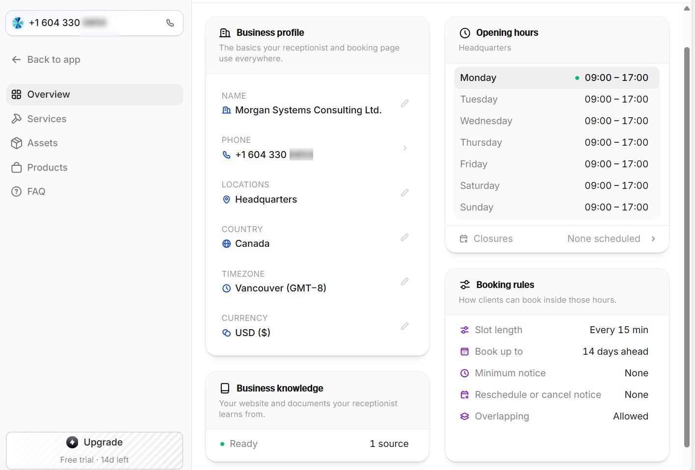 Screenshot of the Reception.ai settings overview with Business Profile, Opening Hours, Business Knowledge, and Booking Rules cards