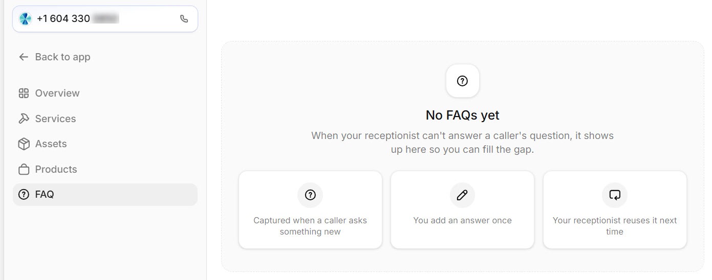 Screenshot of the Reception FAQ page, empty, explaining that questions the receptionist cannot answer appear here to be filled in