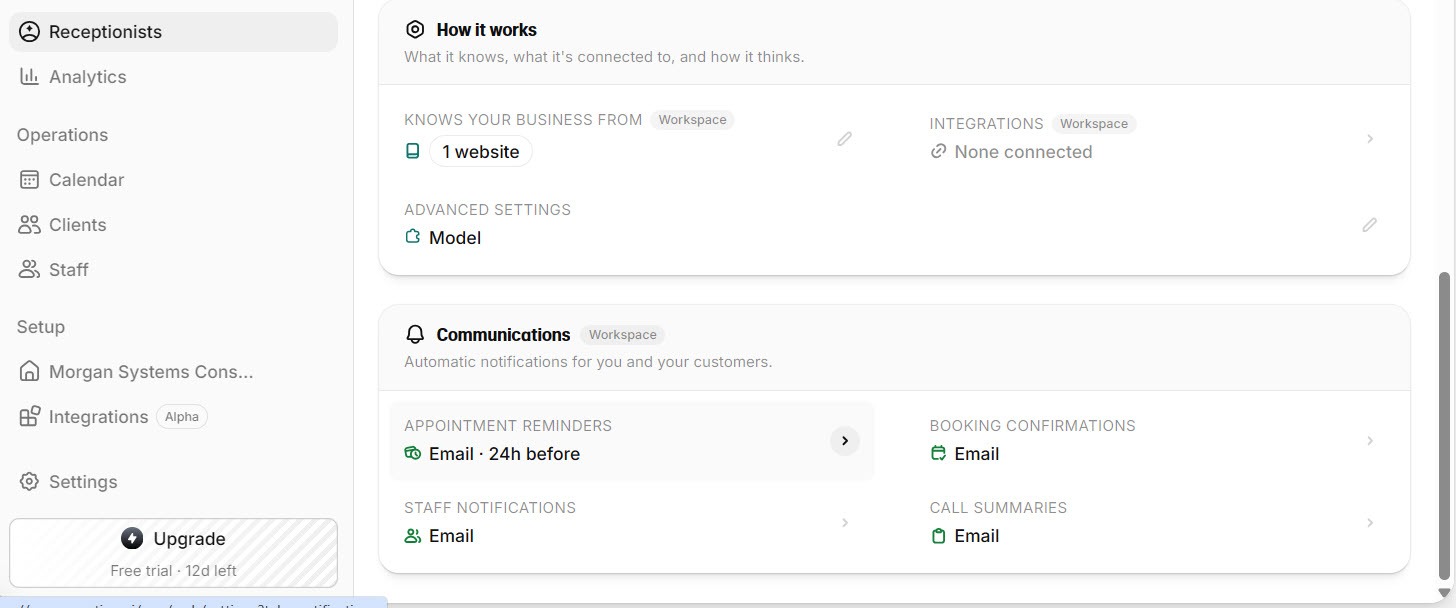 Screenshot of the Reception.ai How it works card with knowledge, models, and integrations links, and the Communications card with appointment reminders, staff notifications, booking confirmations, and call summaries