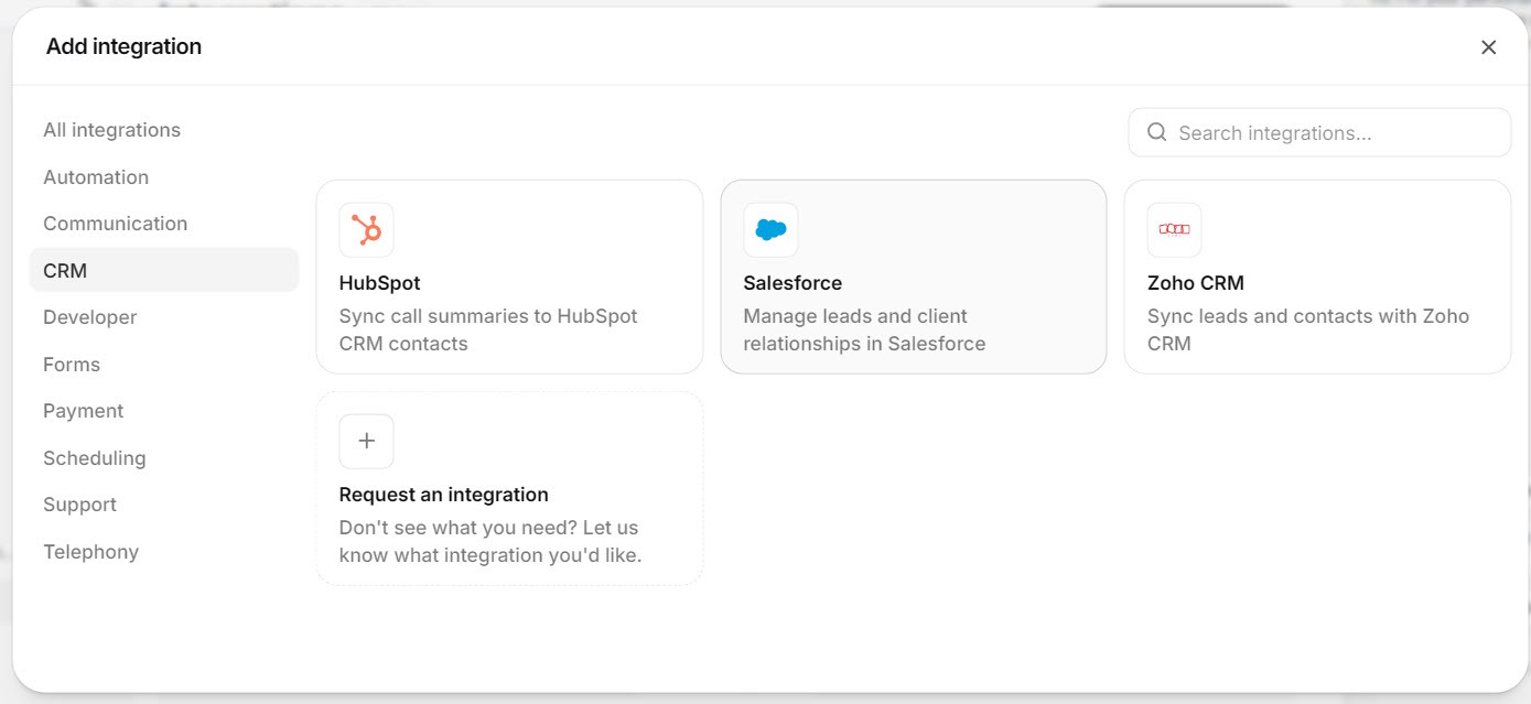 Screenshot of the Reception.ai integrations window with the CRM category selected, showing HubSpot, Salesforce, and Zoho CRM and a Request an Integration button