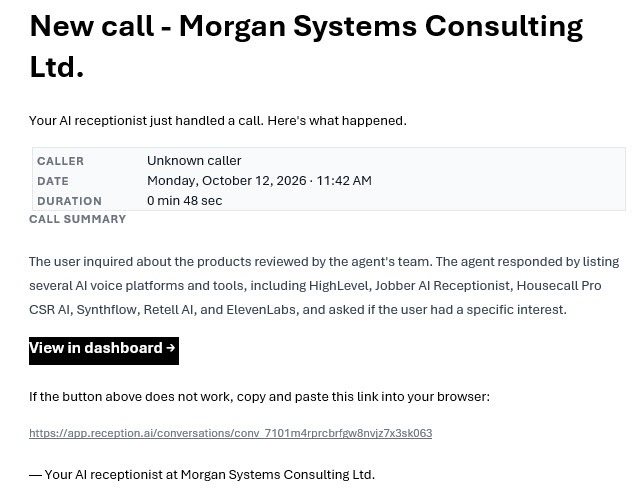 Screenshot of the Reception new call email notification with the call date and time, duration, a written summary, and a View in dashboard button